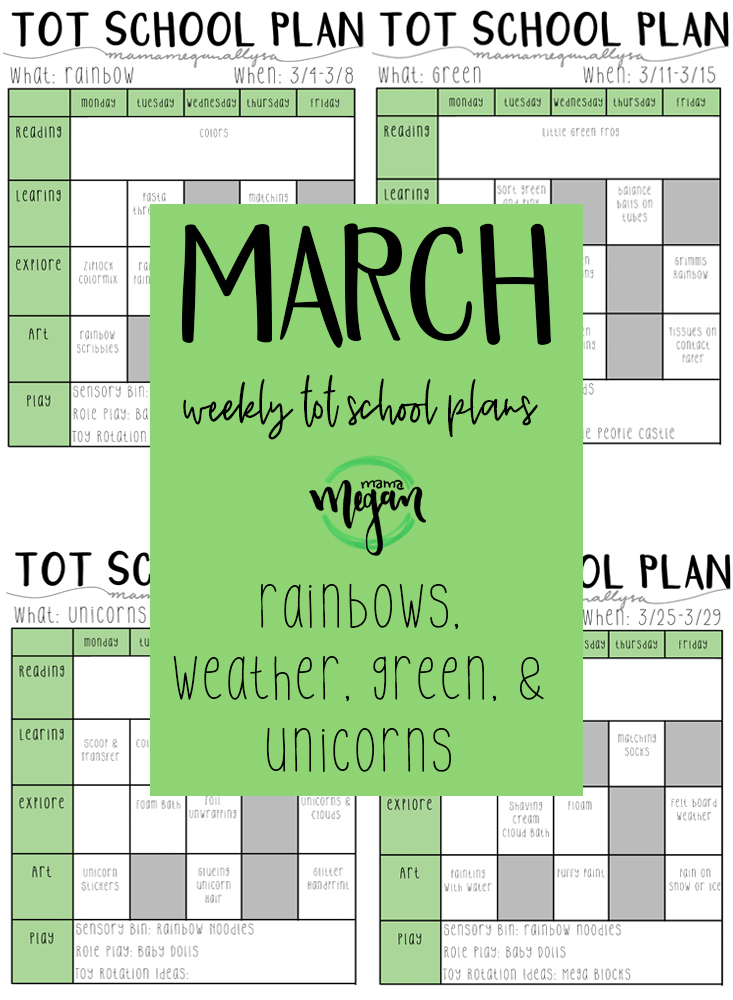 March Tot School plans title card - Rainbows, Weather, Green and Unicorns