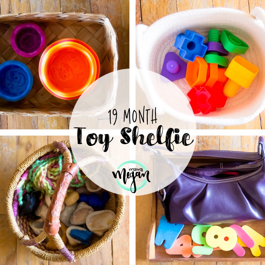 a title card for our toy rotation for mid March showing stacking cups, nuts and bolts, a treasure basket with seashells, and foam letters with a purple purse