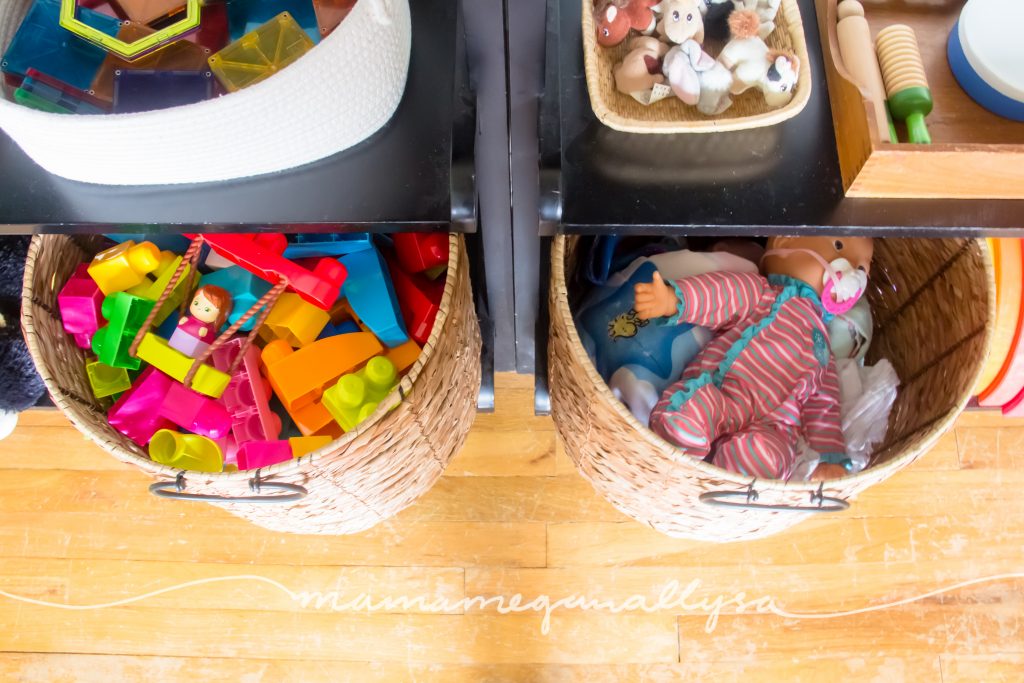 Our big baskets with baby dolls and Mega Blocks