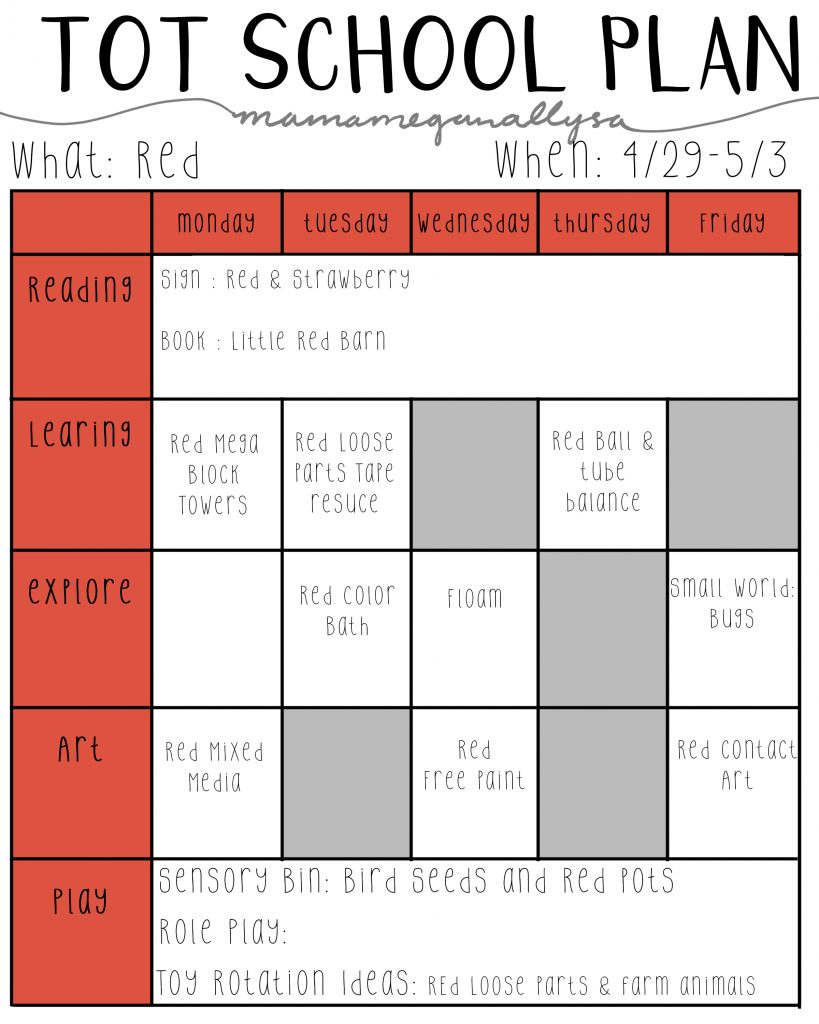 Our tot school plans around the color red