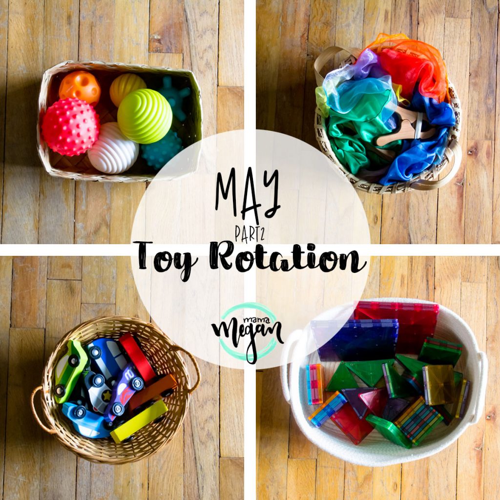 a title card for our mid may toy rotations showing baskets of toys