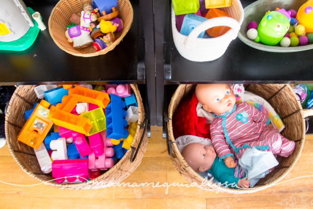 the big baskets of mega blocks and baby dolls