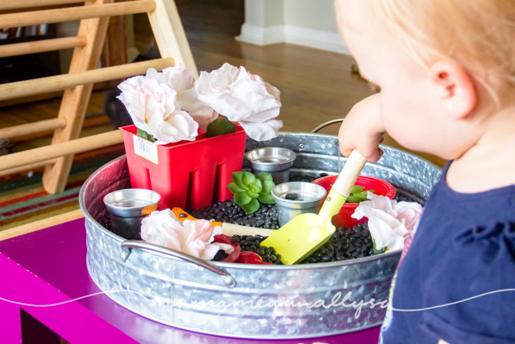 A toddler shoveling black beans garden sensory bin 