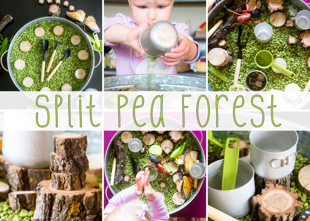 Split Peas Sensory Bin Title card showing a collage of images of the sensory bin a toddler playing with the peas, the tools used and the wood slices