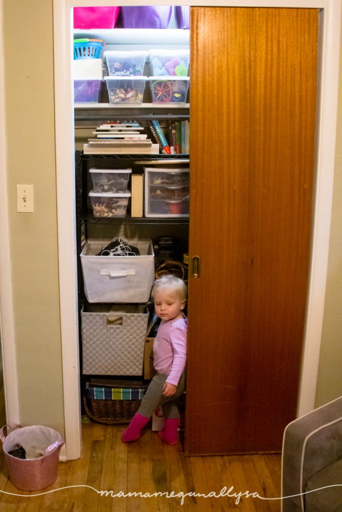 a toddler getting into her toy closet