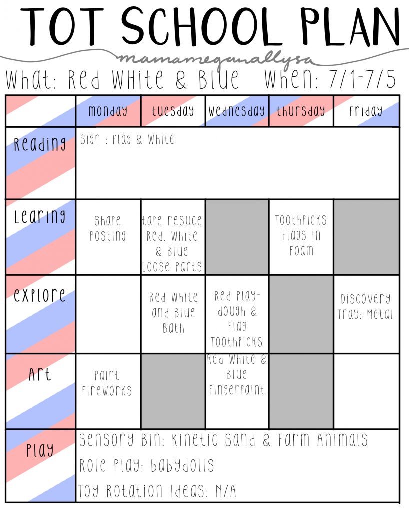 red white & blue tot school lesson plans