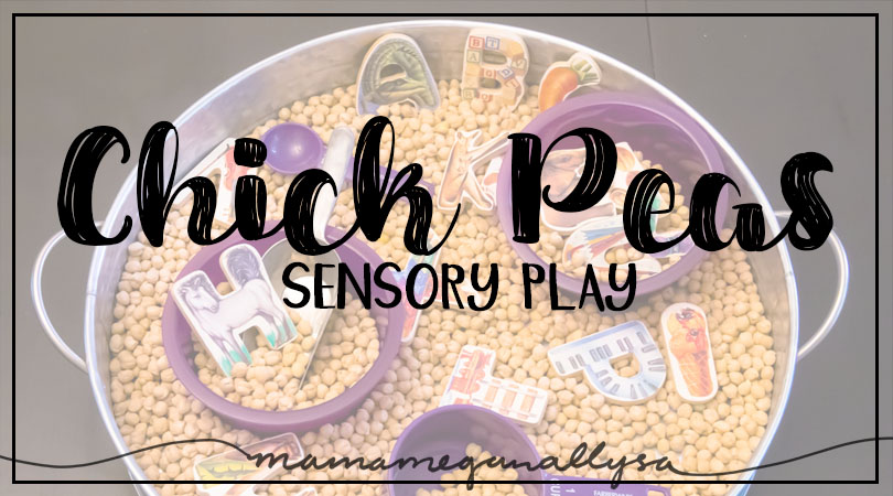 title card for ABC's and Chick Peas sensory bin showing a round tray filled with chick peas and wooden alphabet puzzle pieces, and purple bowls