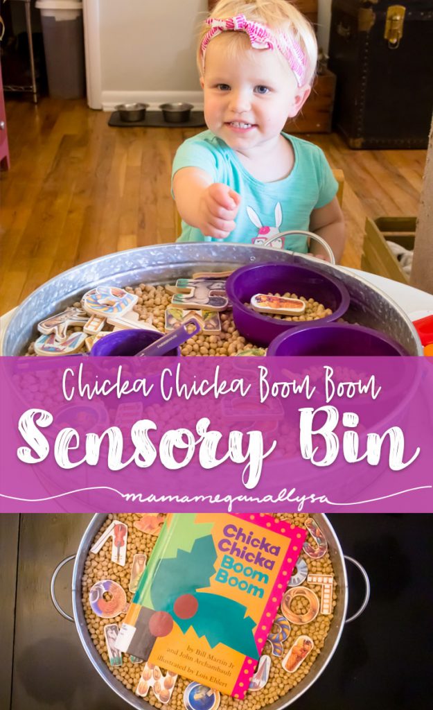 title card for ABC's and Chick peas sensory bin showing a toddler dropping some chick peas and the Chicka chikca boom boom book in the tray