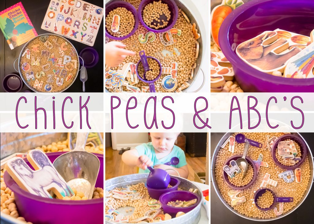 title card for ABC's and Chick peas sensory bin with a collage for 6 images showing details from the sensory bin