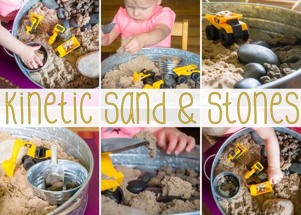 a collage title card for out construction truck sensory bin