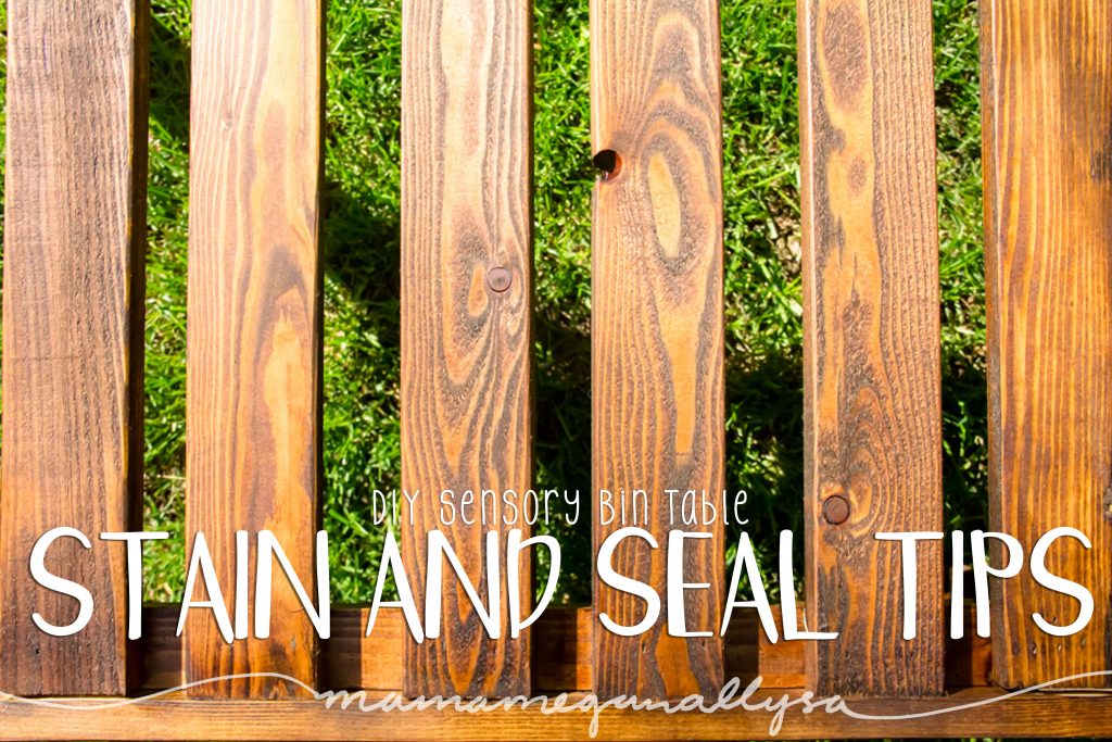 title card for the stain and seal tips for our DIY sensory bin table showing the wood grain on the table after staining