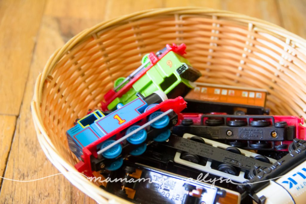 vintage thomas the train toys in a basket