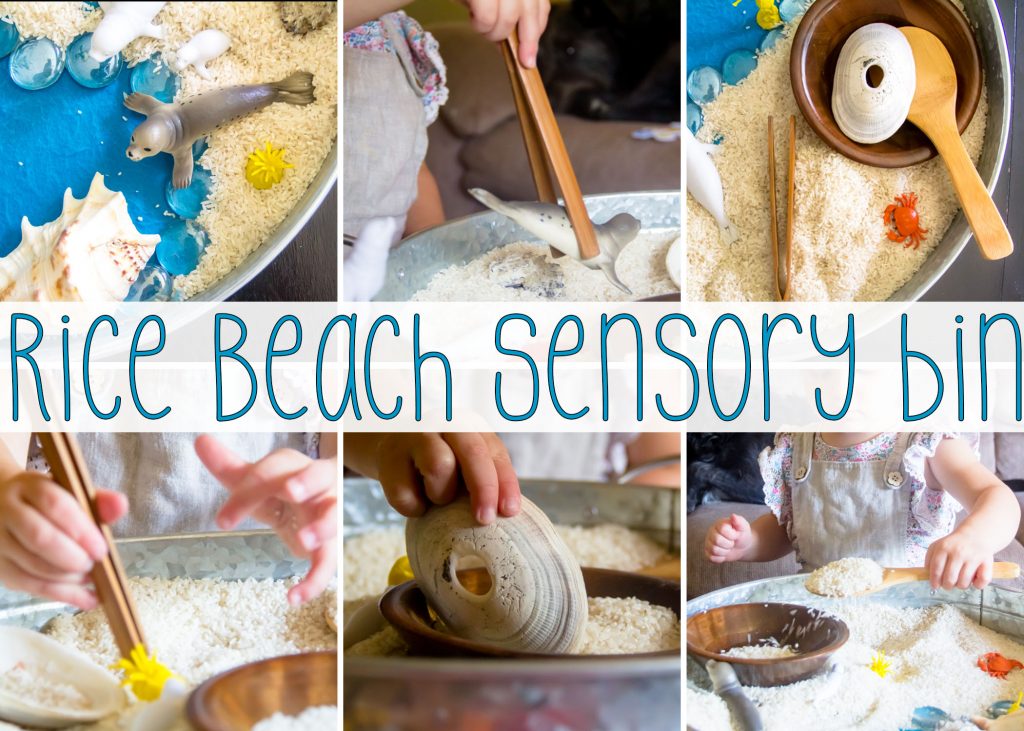 Beach themed Rice Sensory Bin small world play