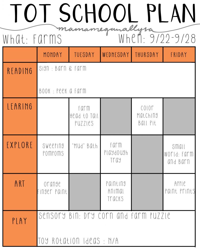 September Tot School Plan playing with farm animals and apples