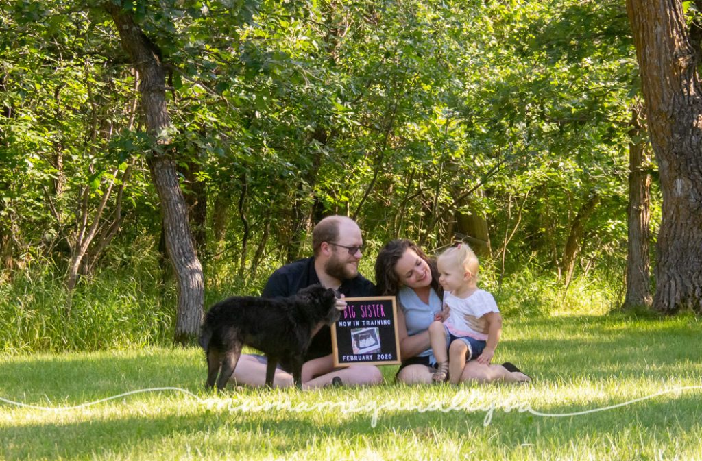 Pregnancy announcement with our daughter and dog