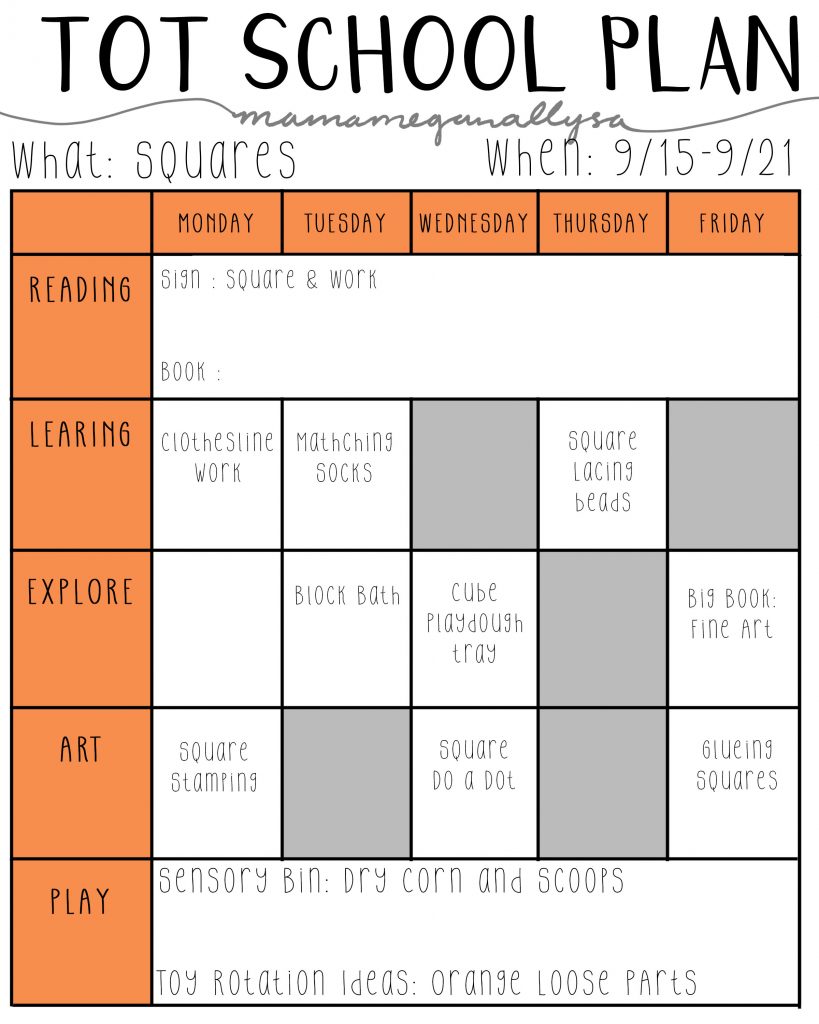 September Tot School Plan playing with squares and practical life skills