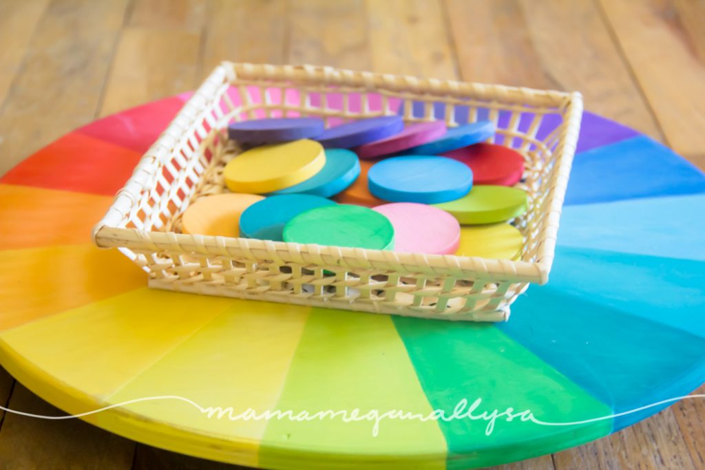 my DIY color wheel lazy susanne and coins are our loose parts invitation to play this week