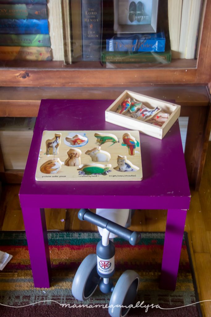 The puzzle table only has one puzzle at a time and as part of our 2-year-old toy rotation plan I will be switching the puzzles the most so that she doesn't get bored of them.