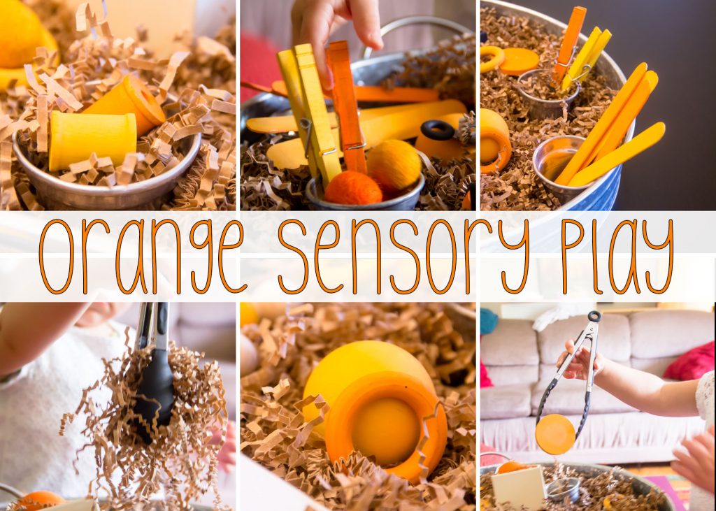 Our Orange Loose parts sensory bin has lots of different things to practice using the tongs with and its easy to clean up to boot!