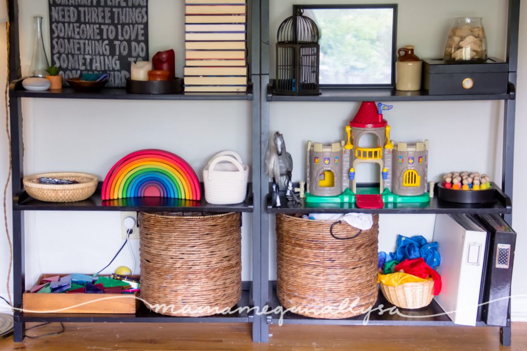 The living room shelves that we use for toddler toy rotations keep everything front and center but up off the floor!