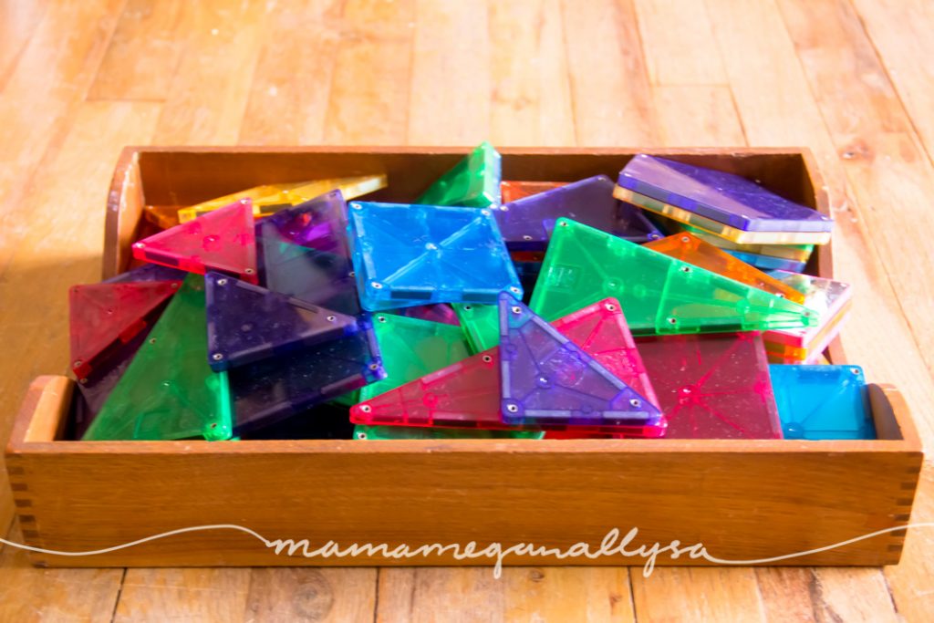 Magnatiles in a tray for easy access