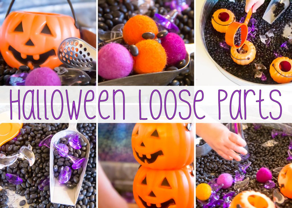 Black Beans as a base, some orange and purple loose parts and a couple jack-o-lantern baskets make for a simple a super simple, but awesome Halloween Sensory bin