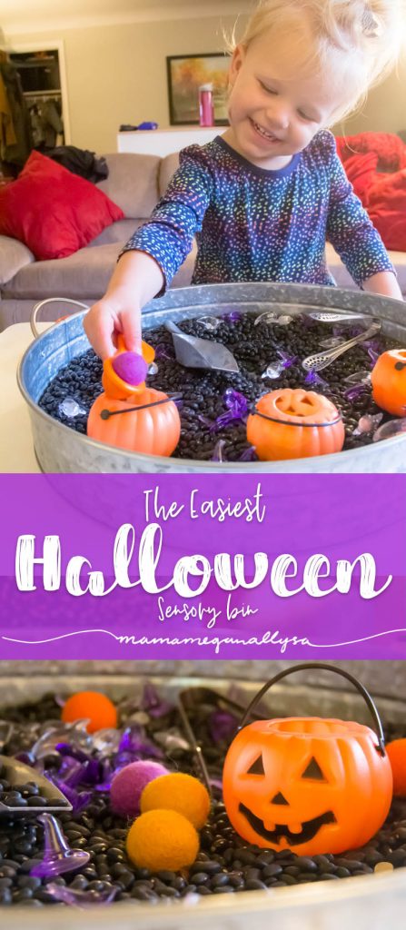 A quick and easy invitation to explore with our Halloween Sensory bin using lots of fun purple and orange loose parts and black beans