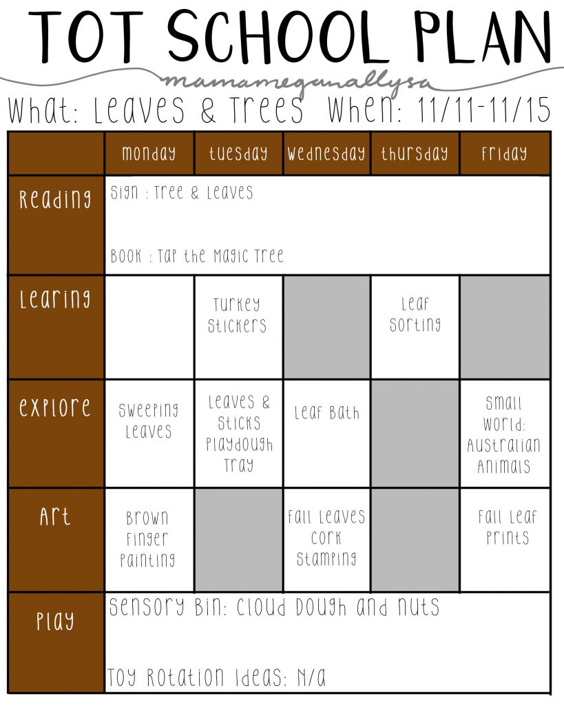 Our November Tot School plans about leaves and trees will use lots of natural treasures like sticks, nuts and leaves for our lessons and crafts