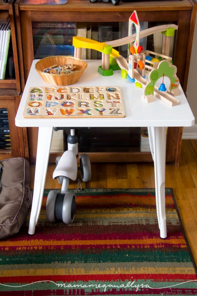 Our Play table holds the free play toys that I know will need rotated out well before the month is over. 