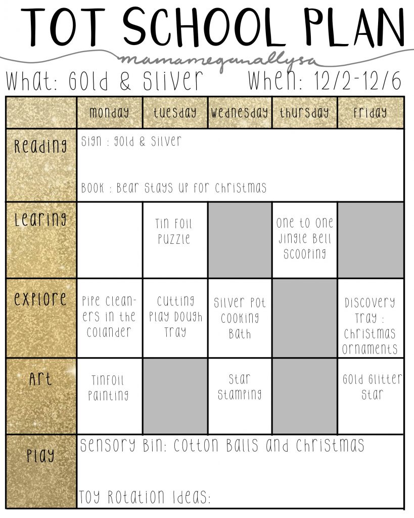 My gold and silver plans have us exploring tinfoil and glitter, practicing with scissors and cooking in silver pots