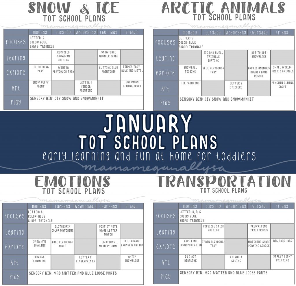 our January Tot school plans will cover snow & ice, Arctic Animals, Emotions, and Transportation. 