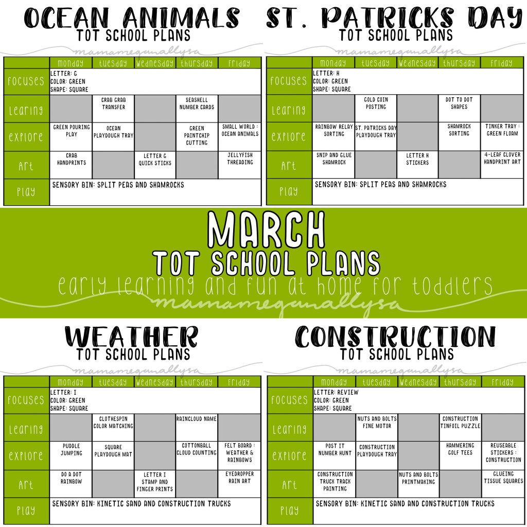 For our March tot School we will be playing with some ocean animals, doing some fun St. Patrick's Day crafts, talking about the weather and learning about construction tools.