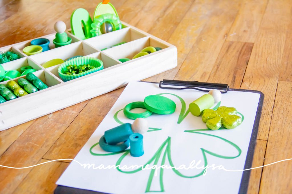 Lots of green loose parts and a large shamrock to add to the play