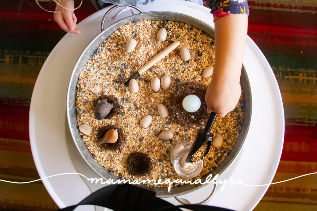 I always try and include a scoop of some kind in our sensory bins