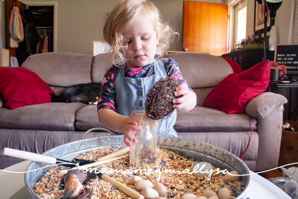 A birdseed sensory bin isn't complete with out some nests which ended up acting a lot like bowls for our play