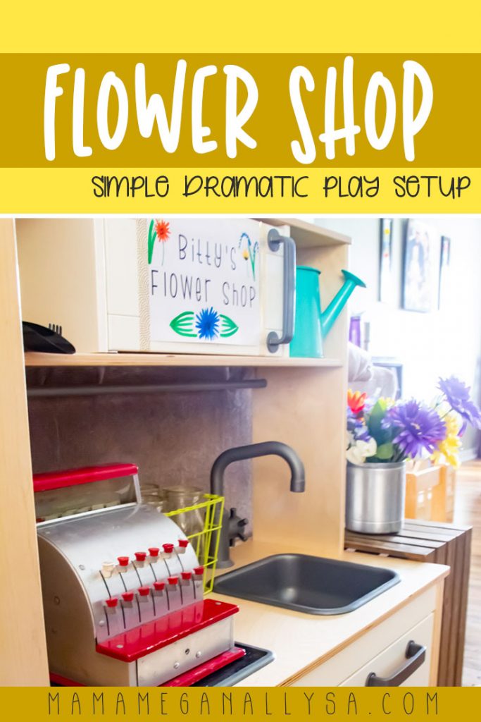 I set up a flower shop for our springtime toy rotation. Some fake flowers, a cash register, and some jars to arrange the flowers is all you really need!