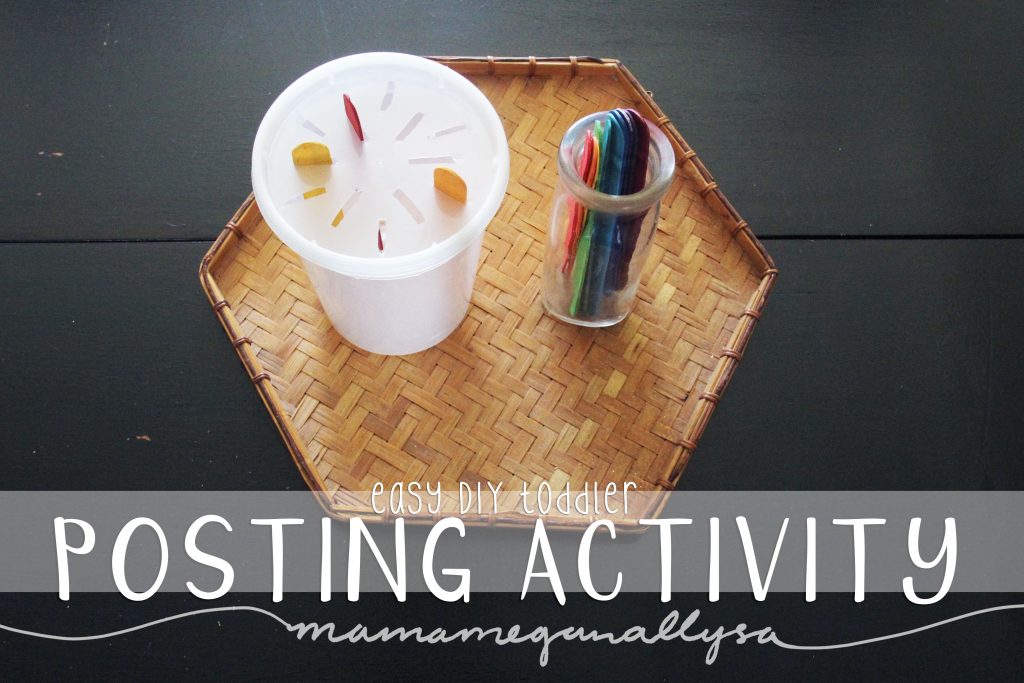 Posting work is a favorite with young toddlers and is great for fine motor development. Some popsicle sticks and a simple box or container are a great DIY set up