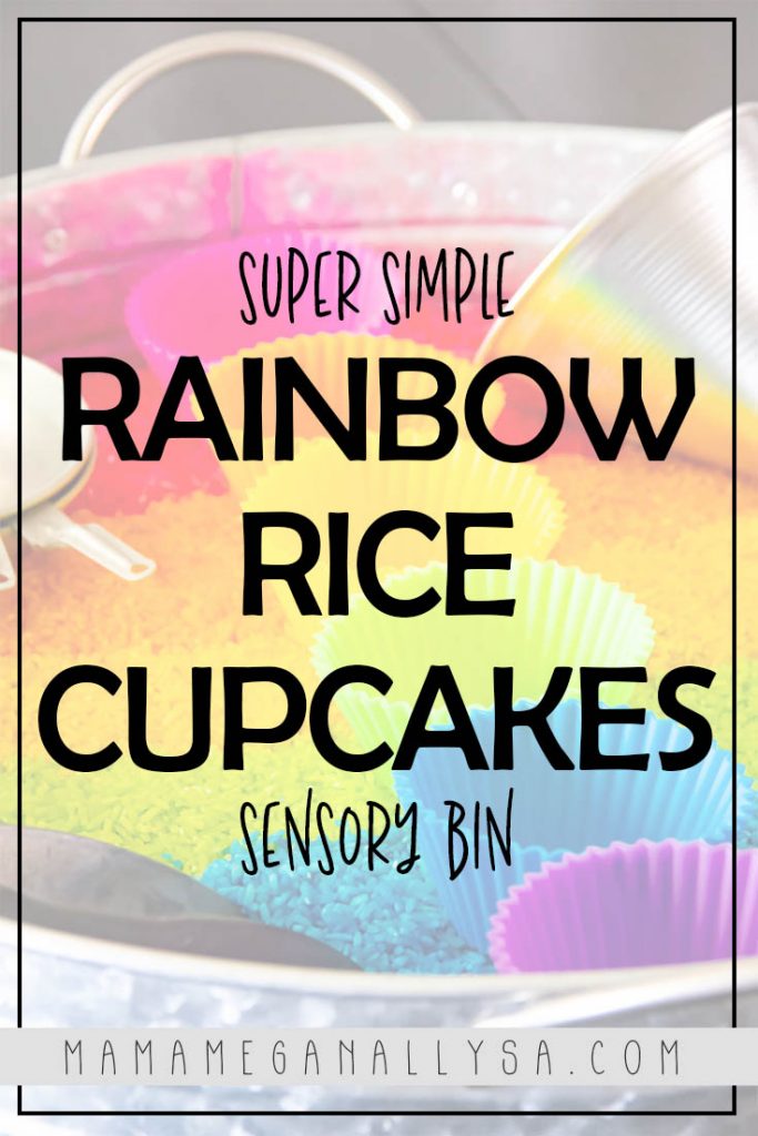 A ridiculously simple sensory bin set up! Using things you already have in your kitchen to create beautiful Rainbow Rice cupcakes!