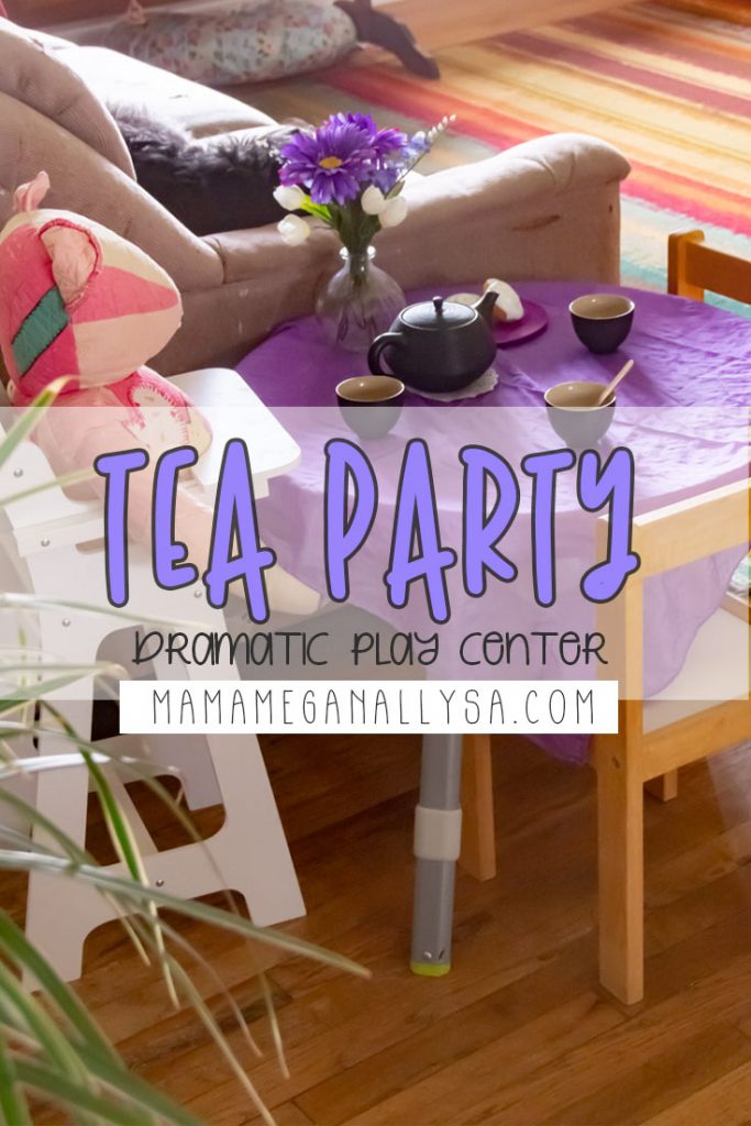 A fancy tea party seemed just right for a princess toy rotation. and what fancy tea party is complete without a silk tablecloth, flowers and doilies?!