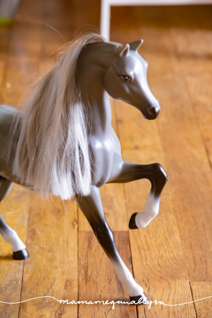 What princess toy rotation would be complete without her faithful horse. Ours is silver and grey and her name is Misty