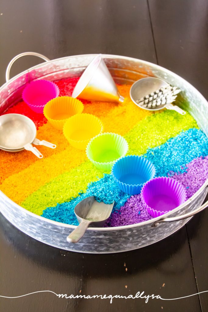 my Rainbow Rice cupcake sensory bin has everything you need, from cupcake liners to candles to a funnel and scoop. The bakery is open!