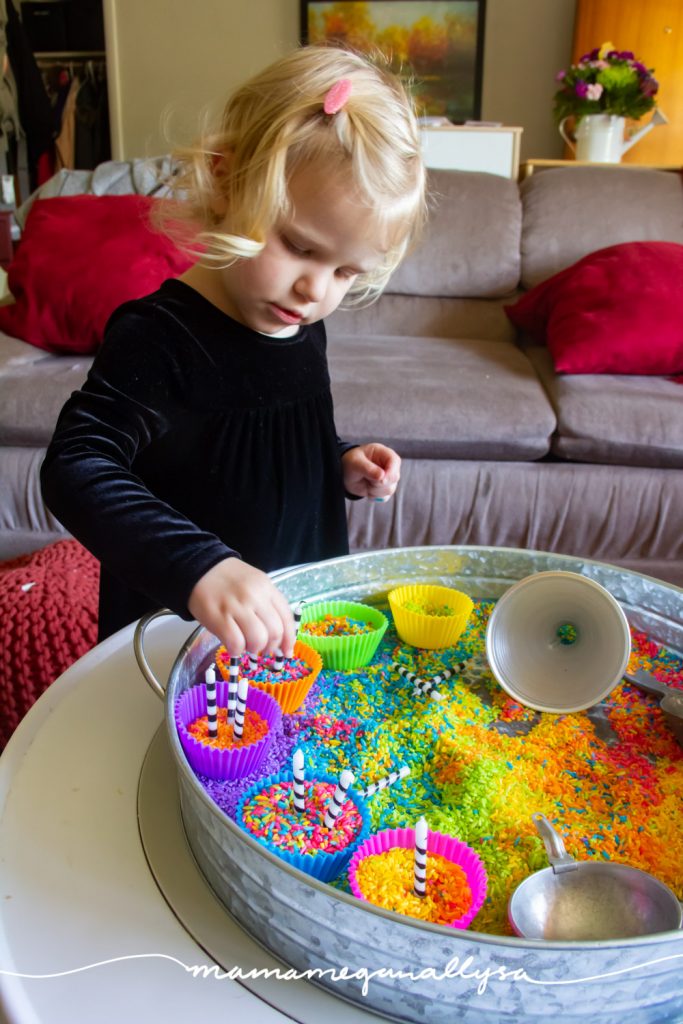 Candles are a great addition to a cupcake sensory bin! They promote fine motor work as well as an invitation to count