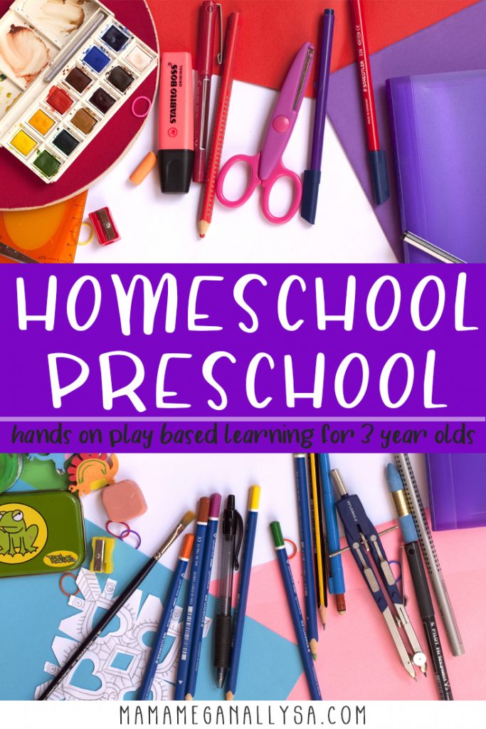 A pin that reads homeschool preschool, hands-on play-based learning for your 3-year-old