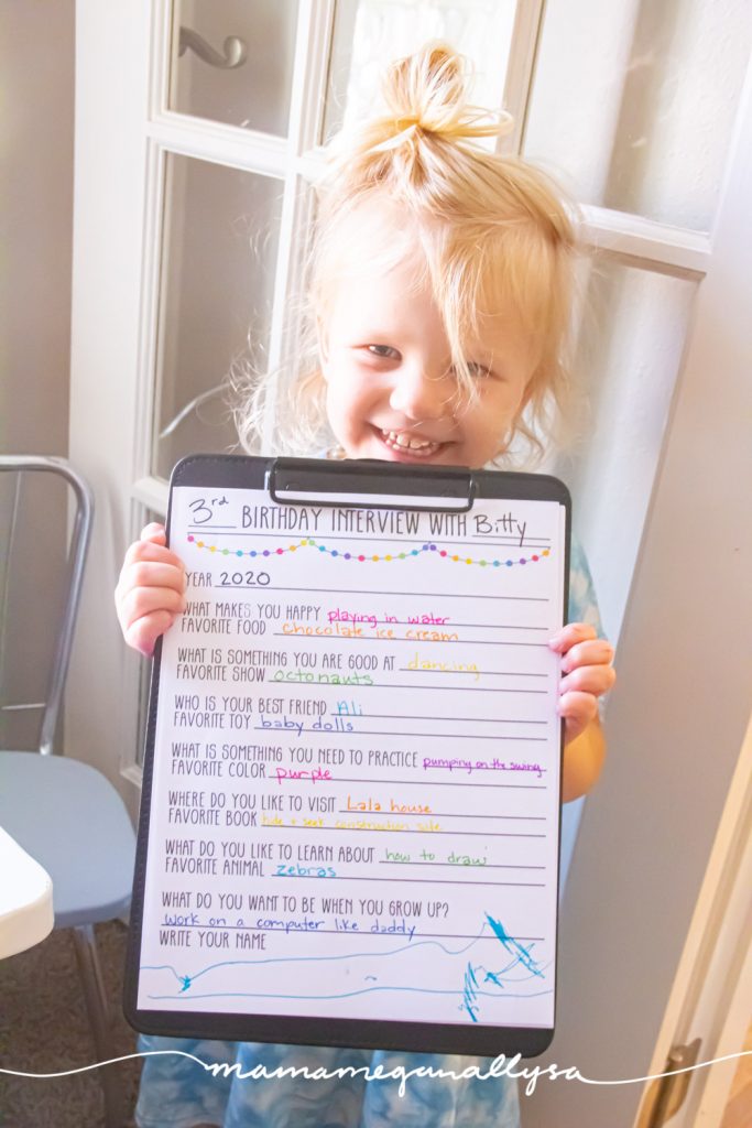 It took a little convincing and some creative rewording to make her answers make sense but her birthday interview does a great job of documenting who she is and what she likes! 