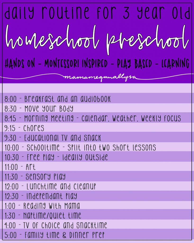 We are starting the journey of homeschooling this year and I want to make sure that our preschool lessons are hands-on play-based Montessori inspired learning fun for my 3-year-old. I created a daily routine that covered all those bases and will hopefully keep her learning and having fun all year! Download my FREE editable preschool daily routine here! #preschool #homeschool #preschoolschedule