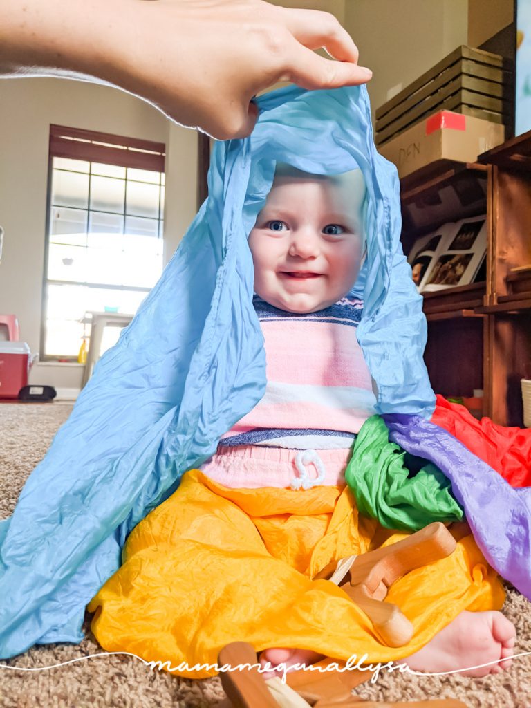 peek a boo is a classic baby activity. The addition of the silks make it a great sensory experience too!