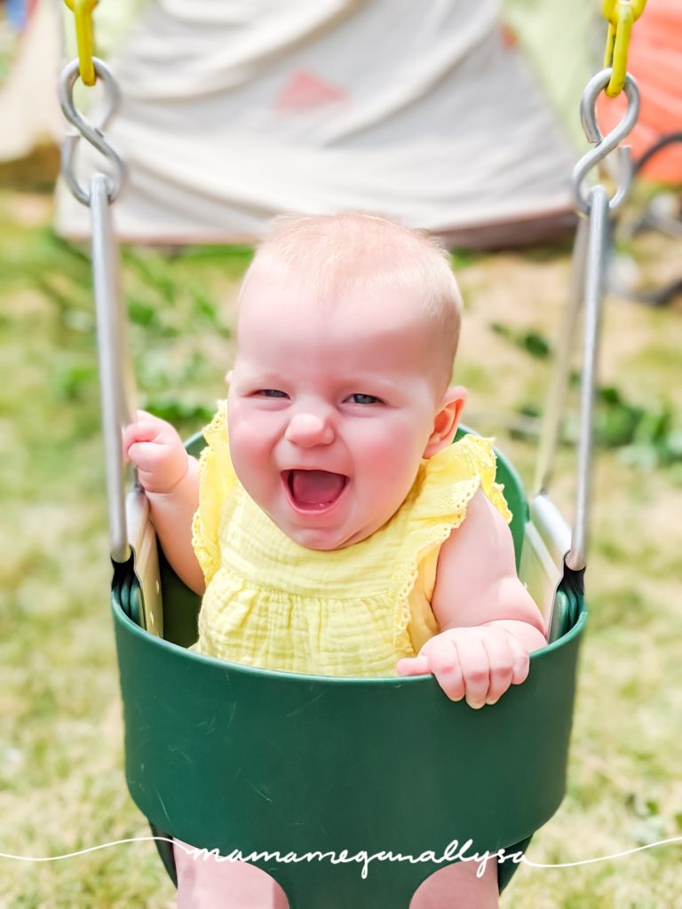 As soon as your little can reasonably support themselves you can introduce a swing for lots of fun outside and sensory stimulation