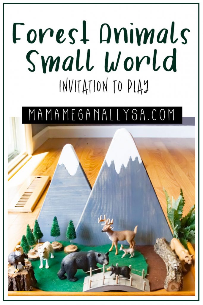 Small World Play doesn’t have to be super complicated or take up a massive amount of space. A few animals, some little loose parts and plants are all you really need. I like to add some playmats and wooden backdrops to further set the stage. You can check out how I built a forest small world here