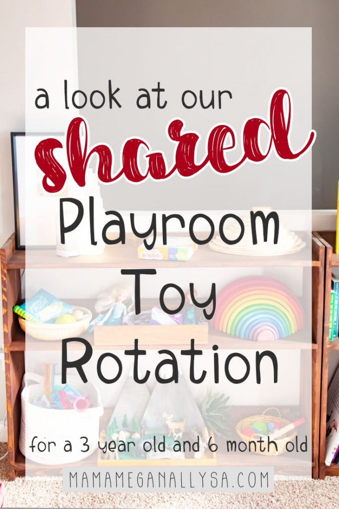 Our Toy rotations are going strong in our new shared playroom and especially now that I have a 6-month-old who is nearly crawling we have to have some options out for her as well as the toddler. By limiting the number of toys out, I am able to watch for choking hazards, and clean up time is a breeze for us all. Keeping us all safe and sane!