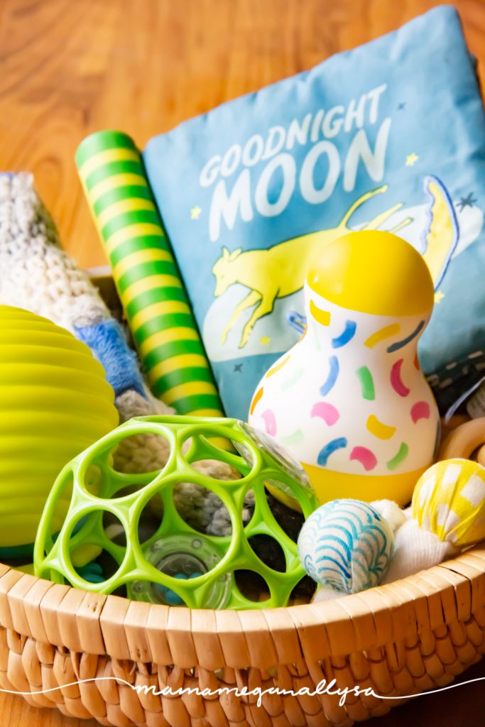 a discovery basket is a great invitation to play. Your baby will love dumping everything out and you'll be surprised what they gravitate towards.